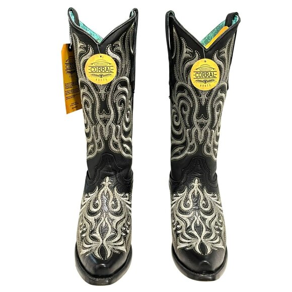 Corral Black Embroidered Leather Pointed Toe Cowboy Boots Western Sz 8 NEW - Picture 2 of 11